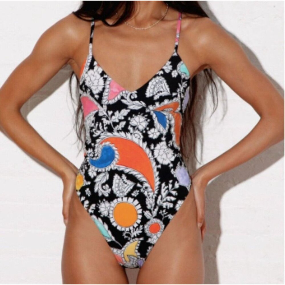 Mara Hoffman Chrishell One Piece Swimsuit Size Medium Paisley Jewel Black Beach